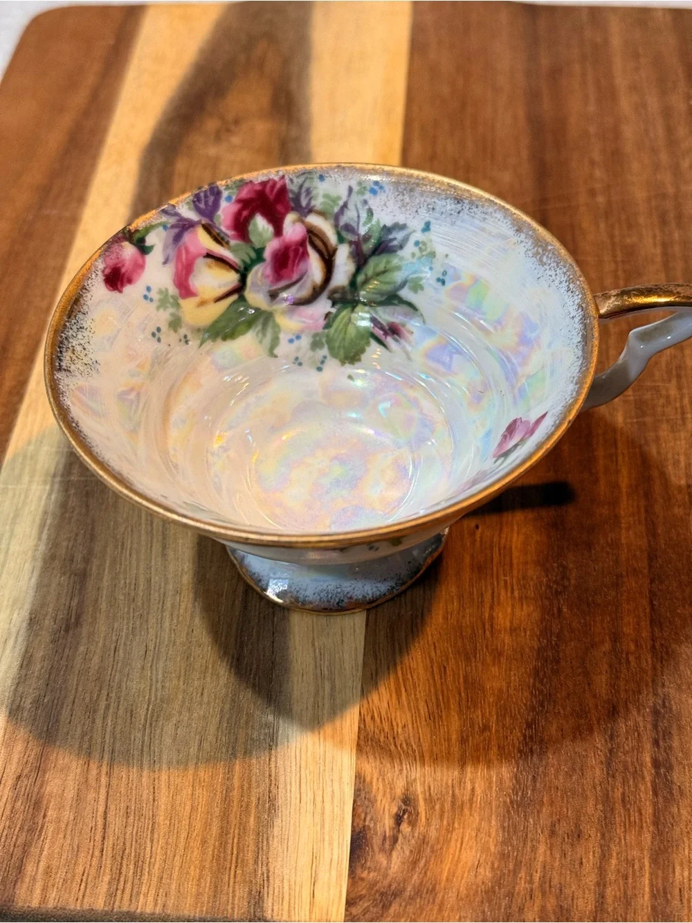 Vintage Floral Porcelain Tea Cup with Gold Trim - White Pink Green